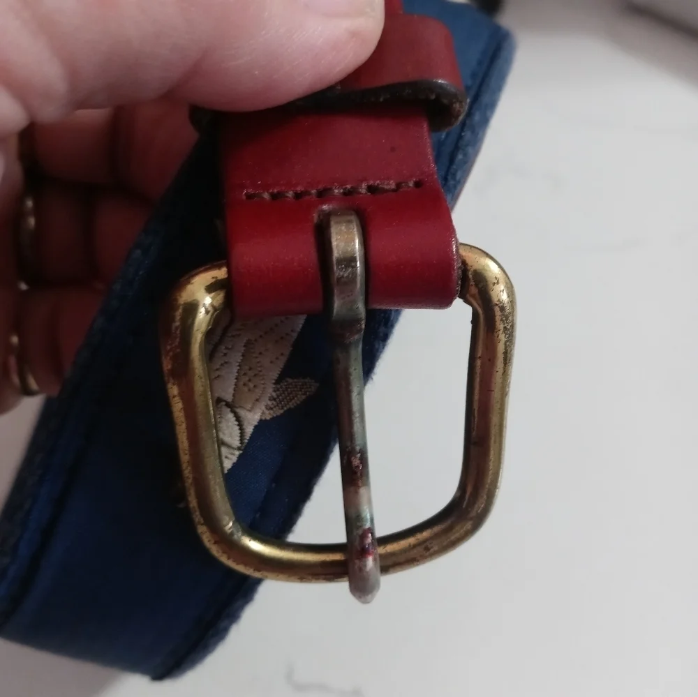 Leather Man Fish Leather and Navy blue Canvas belt Brass buckle 34
